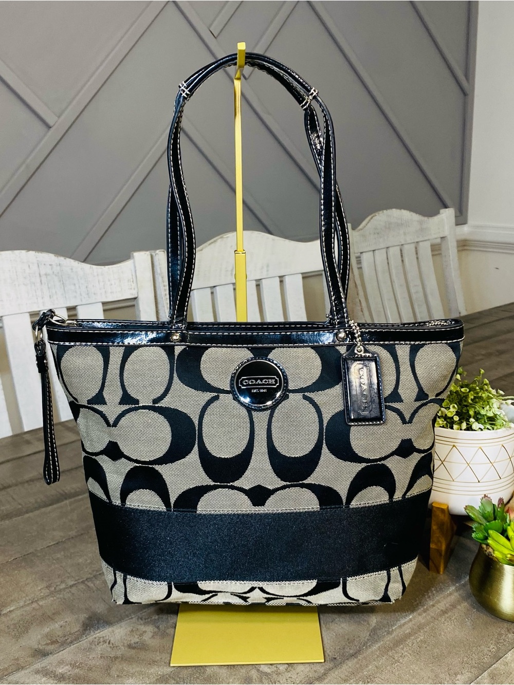Vintage Coach Signature Stripe Tote Black Grey Jacquard Patent Leather Canvas